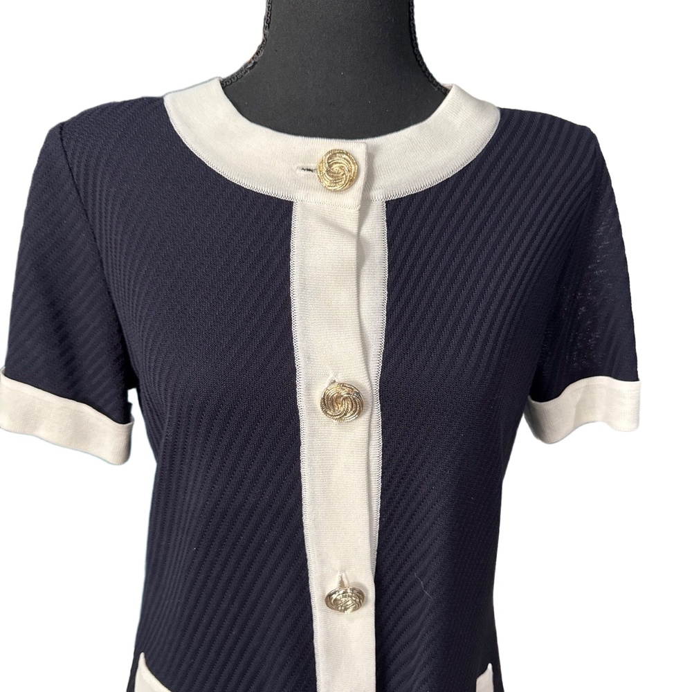 Misook NWOT Women’s Short Sleeve Cardigan in Navy|White-Size Small - Picture 2 of 10